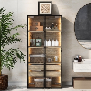 Badezimmerschrank 74x36x155 cm MDF mit LED-Beleuchtung, offenem Regal und Schubladen, Naturfarbe