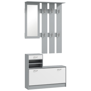 HOMCOM Móvel Cabide de Entrada de 3 Peças Armário de Entrada com Cabide Espelho Sapateira e Gaveta 90x10x102 cm Branco e Cinza