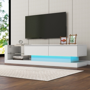 Stilvoller Hochglanz-TV-Schrank, 1,4m Länge, 16-farbige LED-Beleuchtung, für 60-Zoll-Fernseher, mit Glasablage und verstecktem Stauraum, 140×38×38 cm,  Weiß