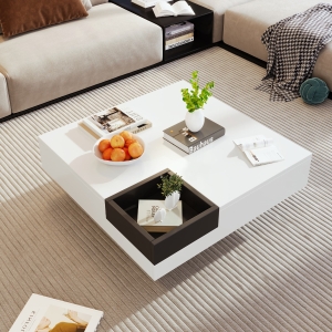 Couchtisch Hochglanz, Beistelltisch mit abnehmbarer Aufbewahrungsbox und LED-Lichteffekt, 72×72×30 cm, Weiß