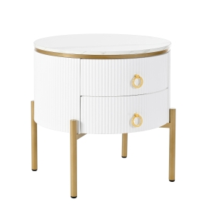 Tavolino con cassetti, texture di marmo, gambe e maniglie dorate, 50×50×51 cm, Bianco
