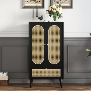 Rattanschrank 60x40x110 cm, Kompaktes Sideboard mit Schublade, Modernes Design für Wohnzimmer oder Schlafzimmer, Schwarz