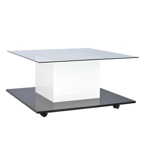Tavolino da salotto moderno in vetro lucido con striscia LED regolabile e ruote girevoli, 80×80×40 cm, Bianco e nero