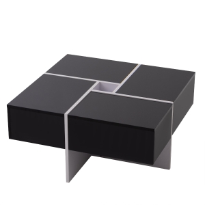 Table basse élégante en finition brillante avec compartiment de rangement intégré et 4 tiroirs,  70×70×35 cm, Noir Blanc