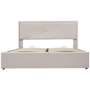 Letto Matrimoniale con Contenitore, Funzione di Ricarica USB Tipo C, in Cotone Lino, Senza Materasso, 140x200cm, Beige