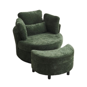Chenille Swivel Armchair with 3 Back Cushions and Crescent Ottoman Stool, Green