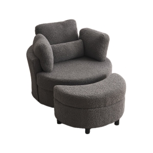 Teddy Swivel Armchair with 3 Back Cushions and Crescent Ottoman Stool, 360° Swivel Recliner Sofa, 107L x 105W x 82H cm, Medium Grey