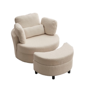 Teddy Swivel Armchair with 3 Back Cushions and Crescent Ottoman Stool, White