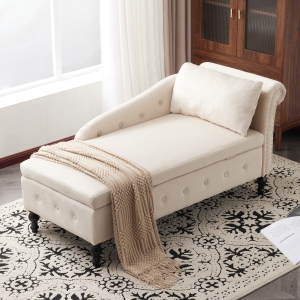 Luxious Designed Velvet Chaise Sofa Bed with Storage, Rectangle Cushion, Button-Tufted Lounge Chair for Bedroom, 144L x 62W x 69H cm, Beige
