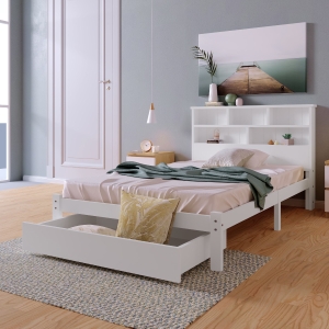 Einzelbett 90x200 Weiss mit Schubladen und Bücherregal, Schrankbett mit Rollen für Jugendliche und Erwachsene