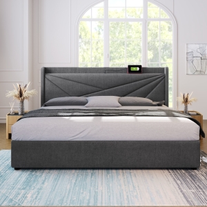 Bett 140x200 mit bettkasten, Doppelbett mit Stauraum und USB-Ladefunktion, grau