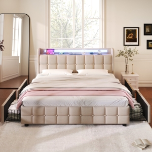 Bettgestell 140x200 mit USB, LED-Beleuchtung und 4 Schubladen, Holzrahmen, gepolstertes Kopfteil, Beige