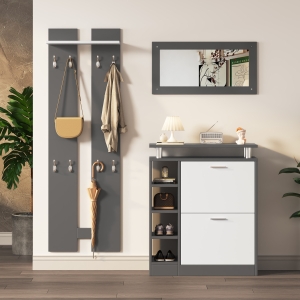 Garderoben Set mit Spiegel, 2 Wandpaneelen, Regalwand und Schuhschrank für kleine Räume, Weiß+Grau