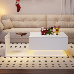 Couchtisch weiß hochglanz, Glasplatte LED, moderner Stil, mit Schublade, 32cm Höhe, weiß