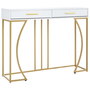 Tavolo Consolle con 2 Cassetti, Maniglie Dorate e Gambe Regolabili, Design Elegante e Moderno, in MDF, 110 x 32 x 85 cm, Bianco