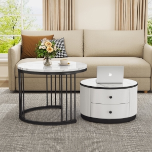 High Gloss Nesting Coffee Table with Marble Pattern Top, Storage Drawers, Modern Round Side Tables for Living Room, White+Black