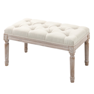 HOMCOM Tapicerowany Taboret, Ławka, Podnóżek, Drewno i Pokrycie w Wyglądzie Lnu, 80Dł x 40Szer x 43Wys cm, Śmietankowy