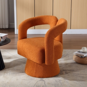 Bequemer drehbarer Polsterstuhl mit Bouclé-Stoffbezug, tonnenförmiges Design für Wohnzimmer und Büro, Orange