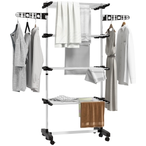 HOMCOM Uscător de Rufe Pliabil, Uscător Tip Turn cu 6 Roți, Cârlige și 4 Rafturi Reglabile, 142x55x172 cm, Argintiu