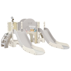Toboggan multifonction 8-en-1 pour enfants, toboggan avec 2 glissières, échelle de grimpe, panier de basket, jeu de lasso, jumelles,200×165×95 cm, Gris blanc antique