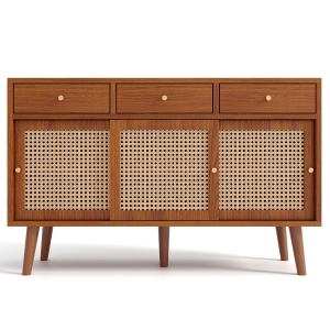 Sideboard 120 cm breit, Rattan Design mit verstellbaren Ablagen, massives Holzbein, für Wohnzimmer, Walnuss