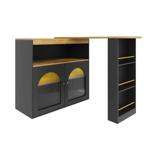 Mesa de bar extensible moderna, mesa de comedor con almacenamiento, giratoria, con tira luminosa LED, 138-193×39×105 cm, Negro
