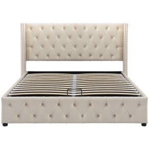 Cama tapizada con cajón hidráulico y somier, sin colchón, 140×200 cm, Beige
