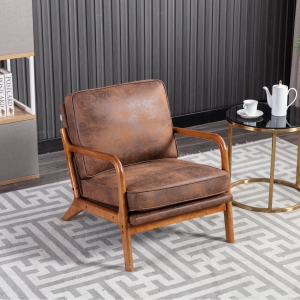 Modern Accent Armchair with Wooden Frame, Soft Cushion, Mid-Century Style, Comfy Chair for Bedroom, Living Room, 65x80x76 cm, Coffee