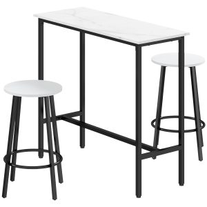 HOMCOM Set 3 Pezzi con Tavolo Rettangolare e 2 Sgabelli da Bar in Truciolato, MDF e Acciaio, Bianco e Nero