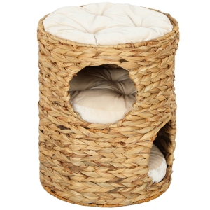 PawHut Drapak 50 cm, 2 jaskinie, poduszka, beczka dla kota z hiacyntu wodnego, Jasnobrązowy
