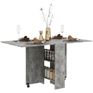 HOMCOM Folding Dining Table, Drop Leaf Table for Small Spaces with 2-tier Shelves, Small Kitchen Table with Rolling Casters, Cement Grey