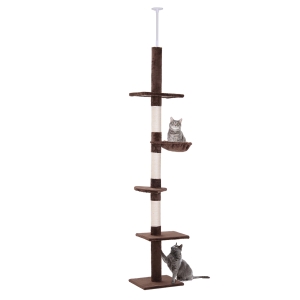 PawHut Kratzbaum Deckenhoch höhenverstellbar, stabiler Katzenbaum mit Sisalsäulen, Katzen Kletterbaum, Braun, 40 x 34 x 230-260 cm