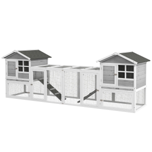 PawHut Clapier pour Petits Animaux, Clapier pour Lapins, Enclos extérieur, Cage, Rampe, bacs à litière amovibles, Blanc + Gris