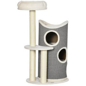 PawHut Arbre à Chat avec Lit pour Chat et Griffoir pour Chats, 60 cm x 44,5 cm x 109 cm, Gris + Naturel + Blanc