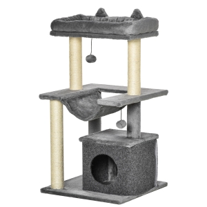 PawHut Arbre à Chat 90 cm Griffoir avec Hamac Arbre à Jouets Lit Plateformes Arbre à Grimperpour Chat Activités Panneau de Particules Peluche Sisal Gris