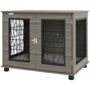 PawHut Cage pour Chiens avec Coussin, jusqu'à 20 kg/50 cm de longueur corporelle, en Métal, 80x56x63 cm, Gris/Décor bois