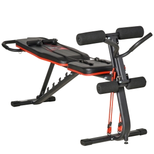 HOMCOM Banc de Musculation Banc d'Entraînement Ajustable avec Cordes élastiques Banc de Sit-Up pour Entraînement à Domicile 6 Positions d'Inclinaison Poids jusqu'à 150 kg Acier Simili Cuir Noir+Rouge 145 x 49 x 48-127 cm