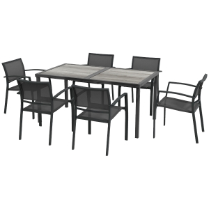 Outsunny Gartenmöbel-Set aus Stahl, 7-teilig mit 1 Tisch und 6 stapelbaren Stühlen aus Epoxid-Metallgewebe in Grau