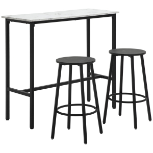 HOMCOM Ensemble de bar pour 2 personnes, 1 table avec 2 tabourets de bar, Plateau de table aspect marbré blanc, Cadre en acier