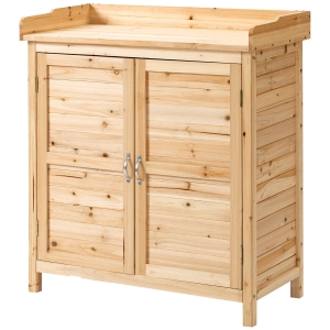 Outsunny Gartenhaus Werkzeugschuppen auf Standfuß Schrank mit Doppeltür und internem Regal aus massivem Tannenholz vorölte Maße 83L x 40B x 92H cm natur