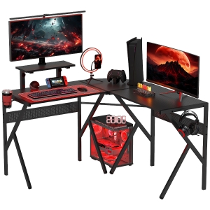 HOMCOM Gaming Schreibtisch Eckschreibtisch Gamer 125 x 125 cm in L-Form mit Kohlefaserplatte, Bildschirmhalter, Getränkehalter und Kopfhörerhaken, Schwarz