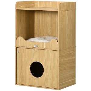 PawHut Katzenklo-Möbel, Katzenstreu-Möbel, 3 Ebenen, Fach mit Tür, 1 Kissen, 60 x 45 x 103 cm