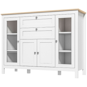 HOMCOM Buffet Esszimmer mit 2 Glastüren 120 x 40 x 90 cm Höhenverstellbare Regale 2 Schubladen 1 Schrank Naturholz und Weiß