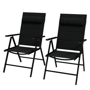 Outsunny Set mit 2 klappbaren Gartensesseln mit Kopfstütze, Armlehnen und Aluminiumrahmen Maße 54 x 67 x 108 cm Schwarz