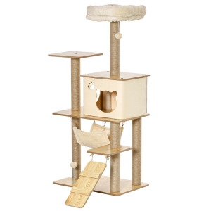 PawHut Arbre à Chat pour Chats Griffoir en Bois avec Cabane en Jute Grand Plateforme Balles de Jeu 130 cm de Hauteur Stable Peluche Jaune 60 x 40 x 130 cm