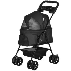 PawHut Faltbarer Hundekinderwagen Buggy für Katzen mit Aufbewahrungskorb, Getränkehalter, 300D Oxford Gewebe wasserdicht, 4 Räder Schwarz