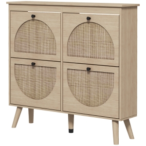 HOMCOM Schuhschrank 4 abklappbare Türen 20 Paare verstellbares Regal Bohème-Stil Massivholzbeine 105 x 24 x 97,5 cm natur