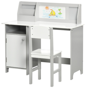 HOMCOM Kinder-Schreibtisch-Set mit Whiteboard - Schreibtisch für Kinder +5 Jahre - 90L x 45B x 85H cm Grau