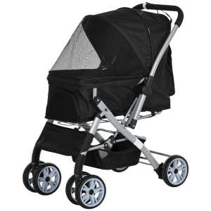 PawHut Faltbarer Buggy für Hunde und Katzen mit Korb und Aufbewahrungstasche, Sicherheitsgurte, verstellbare Hülle, Epoxidbeschichtetes Stahl, Oxford-Gewebe, Schwarz