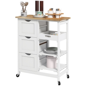HOMCOM Kücheninselwagen mit Rollen und Arbeitsplatte aus Holz, 3 Schubladen + 1 abnehmbares Tablett 67 x 37 x 85,5 cm Weiß